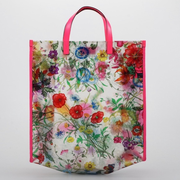 Gucci Tote Bag In Translucent Flora Print with Pink Trim - Picture 3 of 12